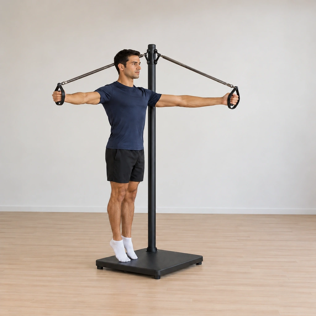He unwinds back to face the pole, arms level wide again at shoulder height, still on the balls of his feet.