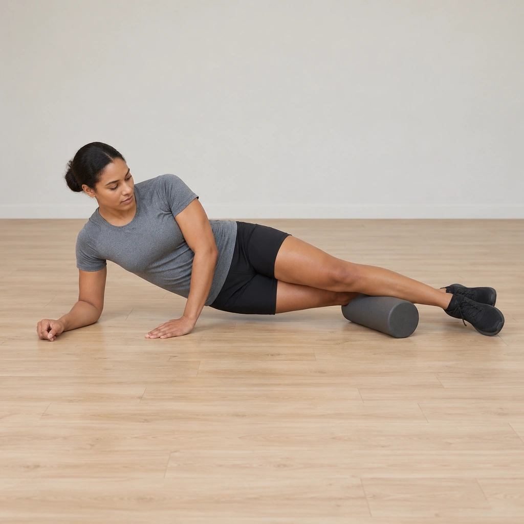 She lies on her right side propped on her forearm, the roller under the outside of her lower leg midway between knee and ankle, hips raised off the floor.