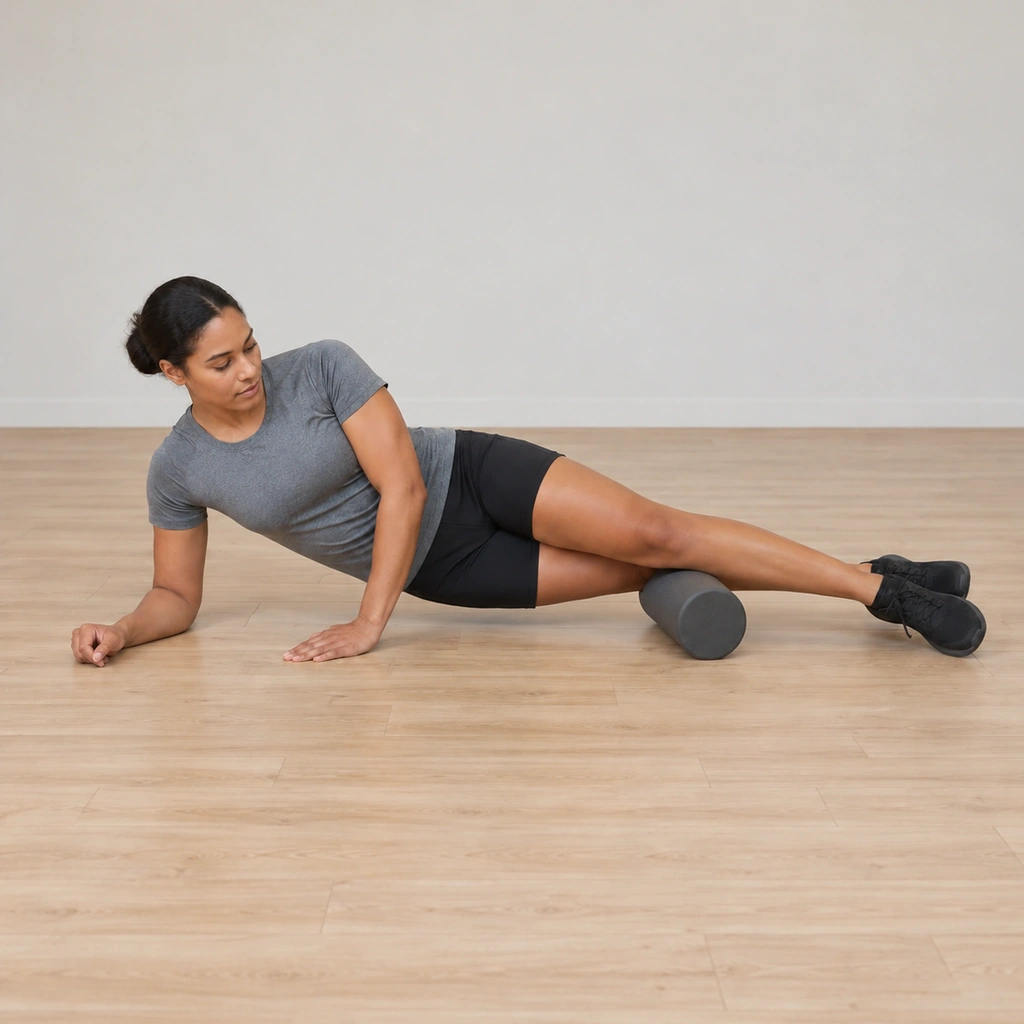 She has rolled so the roller now presses just below her knee on the outside of the lower leg, hips still raised on the forearm.