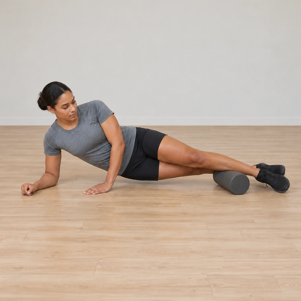 She has rolled back so the roller now presses just above her ankle on the outside of the lower leg, hips still raised on the forearm.