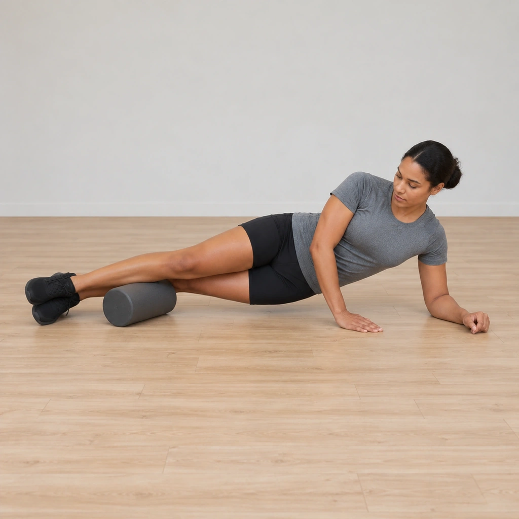 She has turned to lie on her left side on the forearm, the roller now under the outside of her left lower leg, ready to repeat.