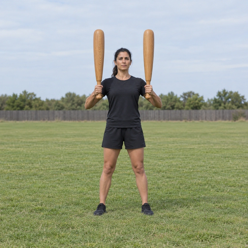 A woman standing with both meels held vertical in front of her chest, arms at about 100 degrees.