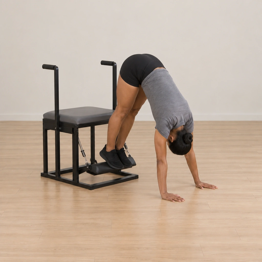 The balls of both her feet are stepped onto the spring pedal behind her, her hips folded high, her hands still planted on the floor, her head between her arms and her tailbone reaching toward her heels.