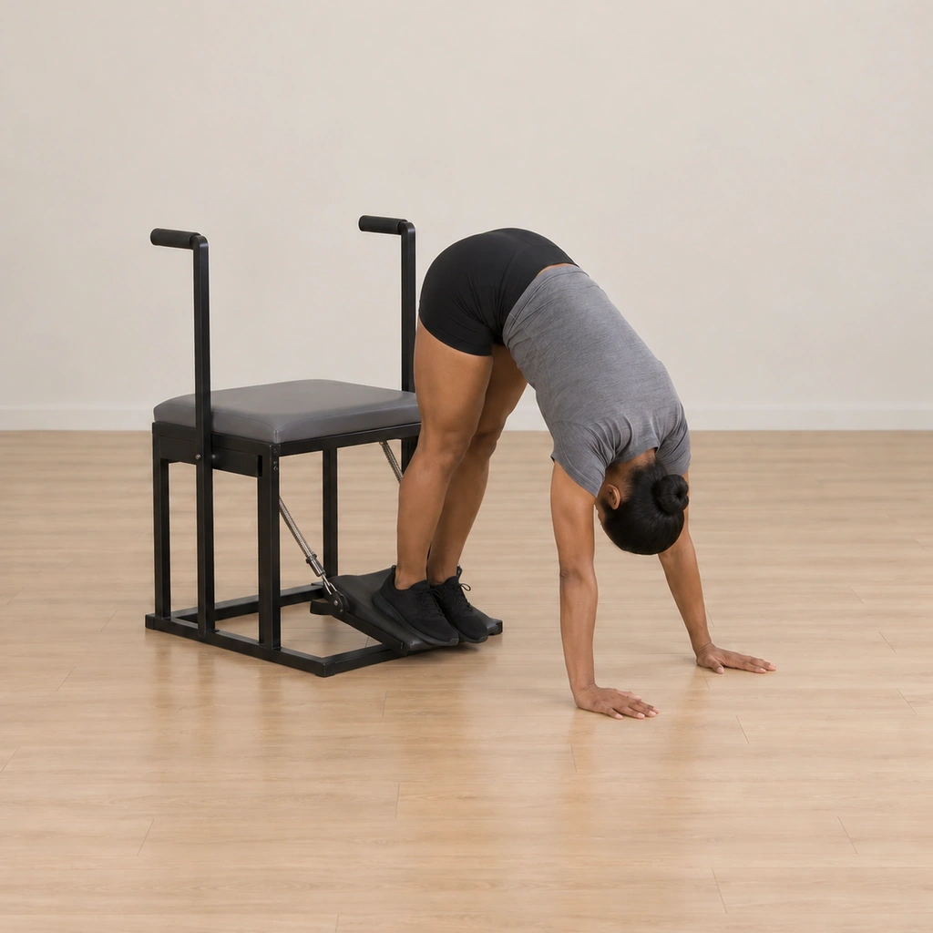 Her pedal is pressed toward the floor under the balls of both feet, her legs extending, her hips still folded high, her hands still on the floor and her neck long.