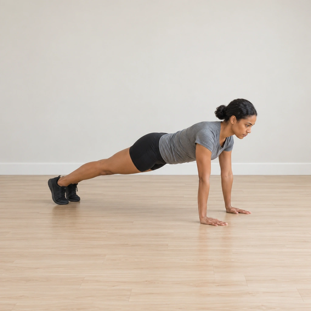 She holds a straight push-up plank, hands set slightly wider than shoulder width under her, feet together, body in one line.