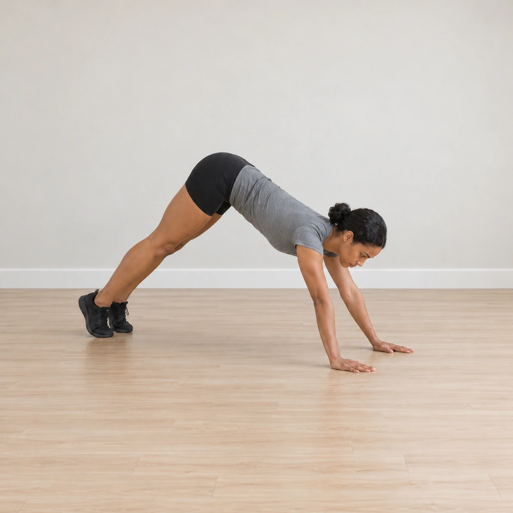 She lifts her hips high into an inverted V, straight arms and straight legs forming a peak, heels reaching toward the floor.
