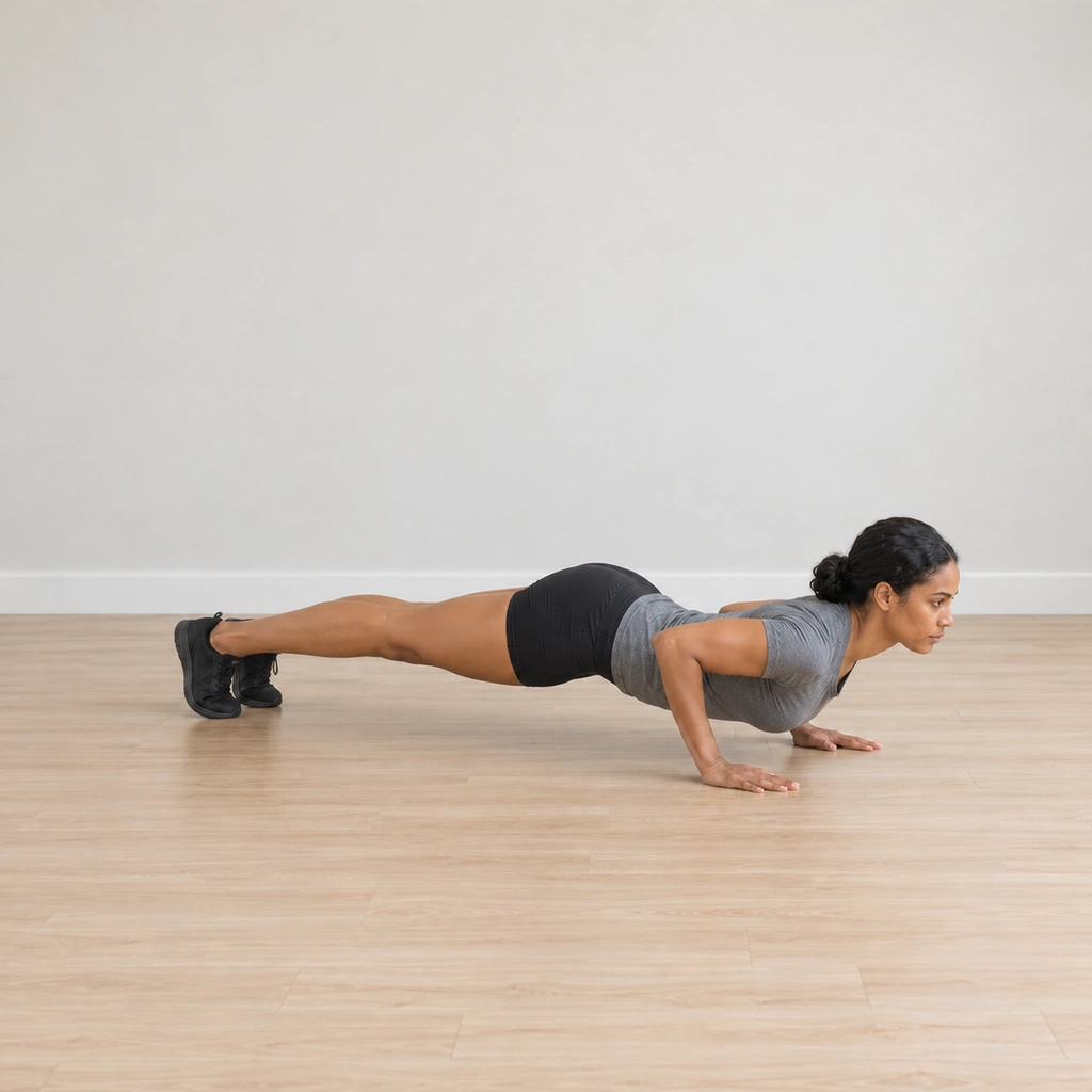 She swoops her upper body down and forward between her hands, elbows bent close to her body, chest lowering past the hands, hips dropping toward the floor.