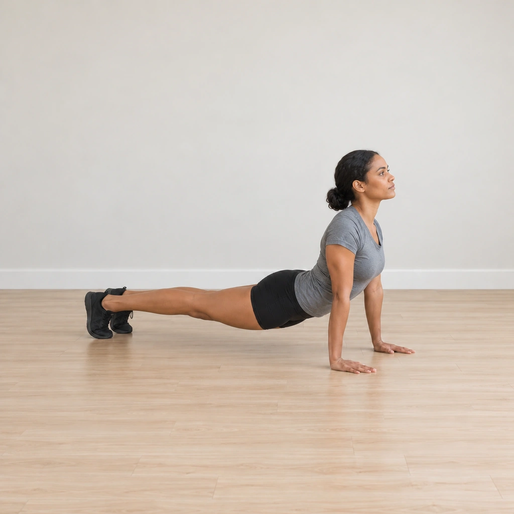 She rises into the cobra with her arms straightened, chest lifted up and forward, hips lowered toward the floor, back gently arched.