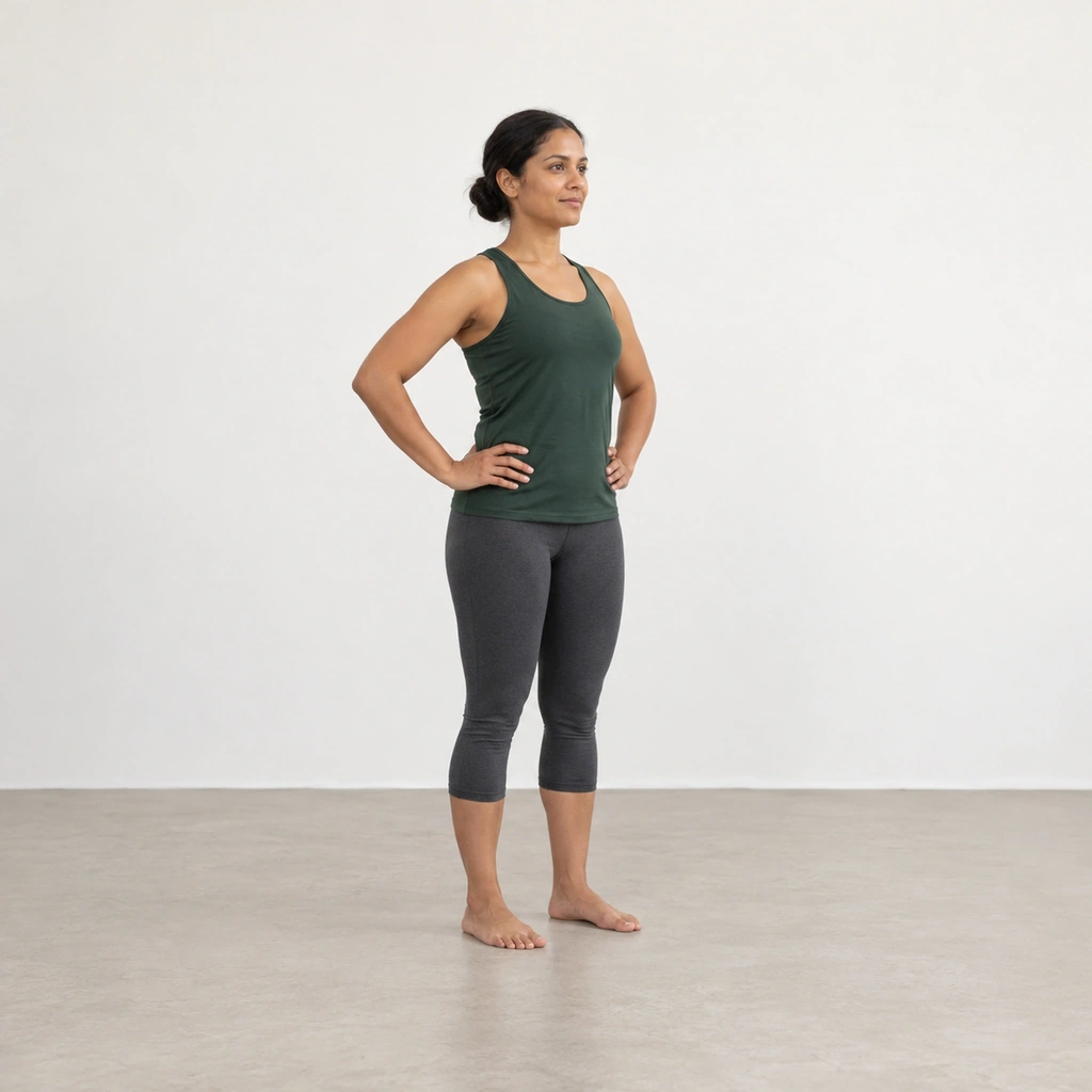 A woman standing with both bare feet flat on the floor about hip-width apart, knees soft and not locked, hands resting lightly on her hips.
