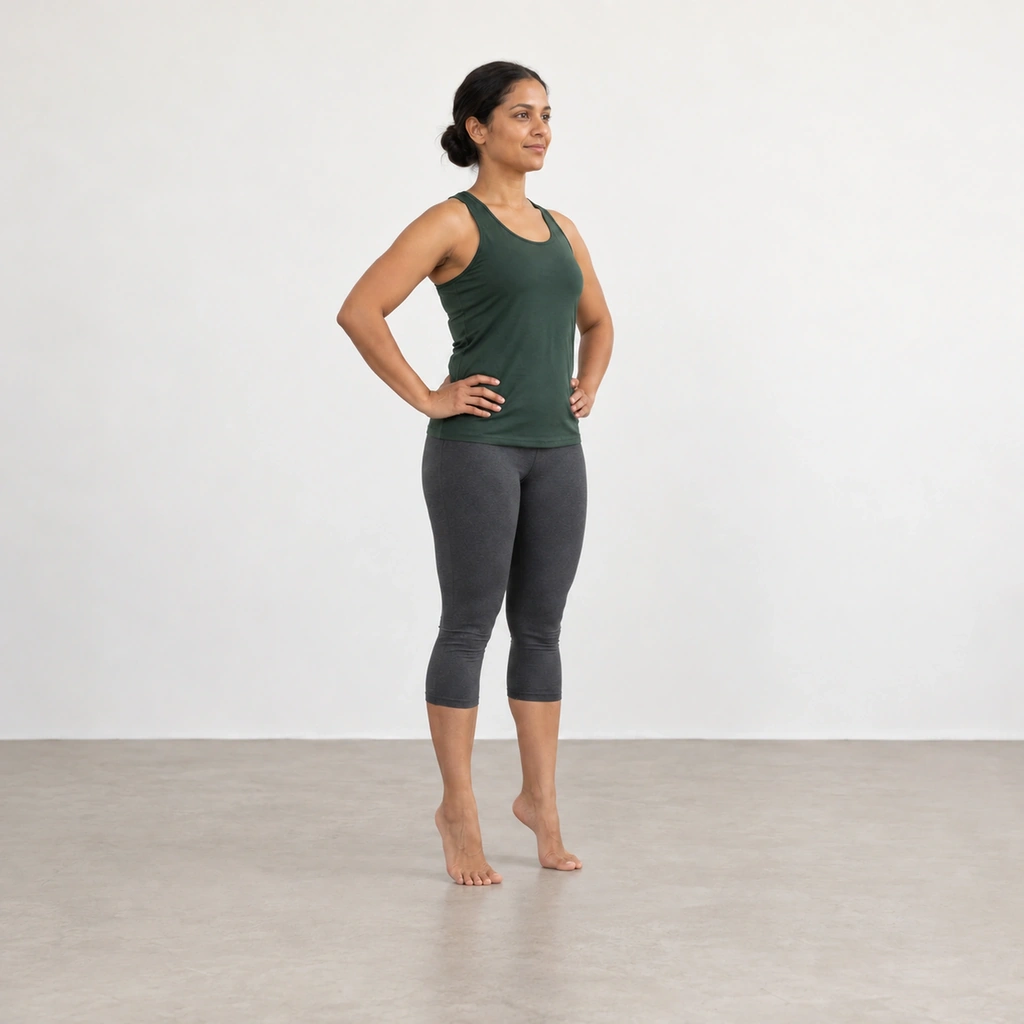 The same woman standing tall with both heels lifted high off the floor, weight balanced on the balls of both feet, legs straight and hands still resting on her hips.
