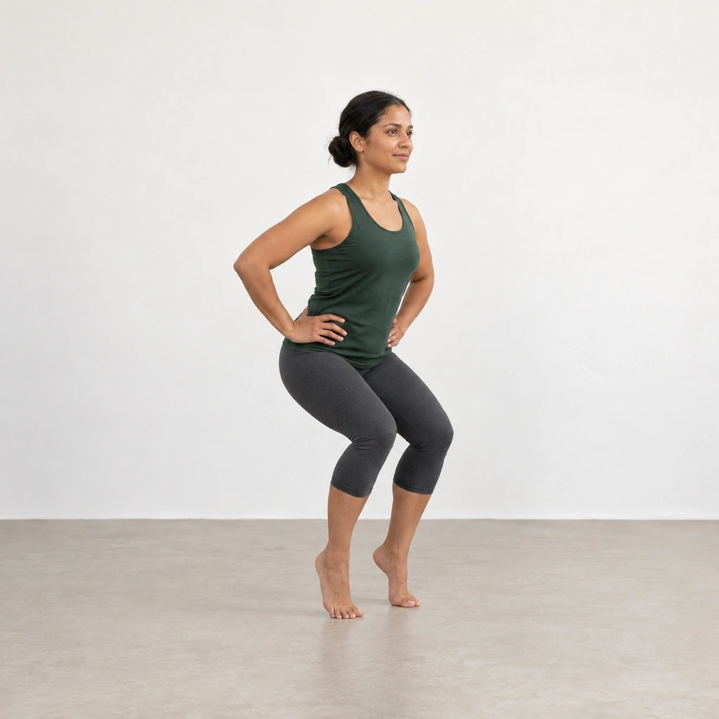 The same woman with both heels still lifted off the floor and her knees now bent into a squat, hips lowered, weight still balanced on the balls of both feet.