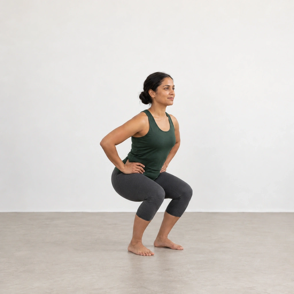 The same woman in a squat with both heels now flat on the floor, knees still bent, hips low, hands resting on her hips.