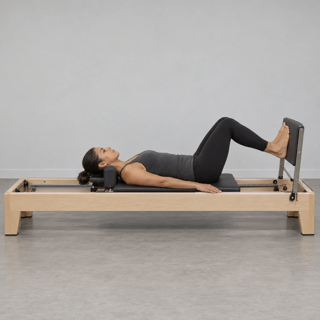 A woman lying on her back on a reformer, knees bent, feet on the footbar, head on the headrest.