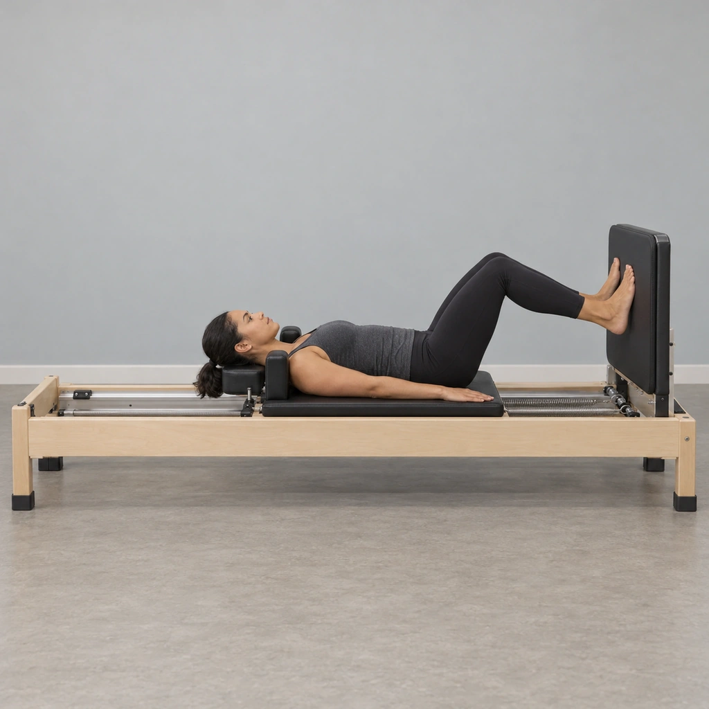 A woman lying on her back on a reformer, knees bent, both feet on an angled jumpboard.