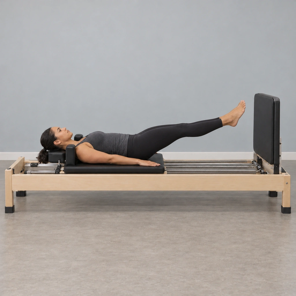 The same woman airborne above the jumpboard, both legs straight and together, her shoulders still against the shoulder blocks.