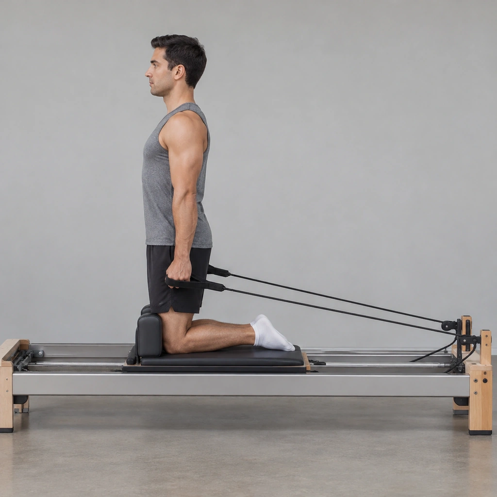 A man kneeling upright on a reformer's carriage, holding a strap handle in each hand.