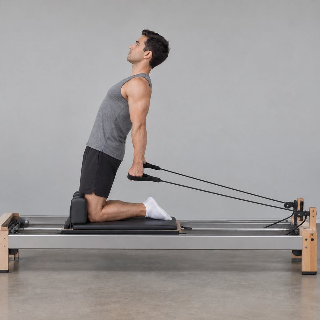 The same man, now leaning his torso and pelvis back together in a straight line, still kneeling with his knees against the shoulder blocks.