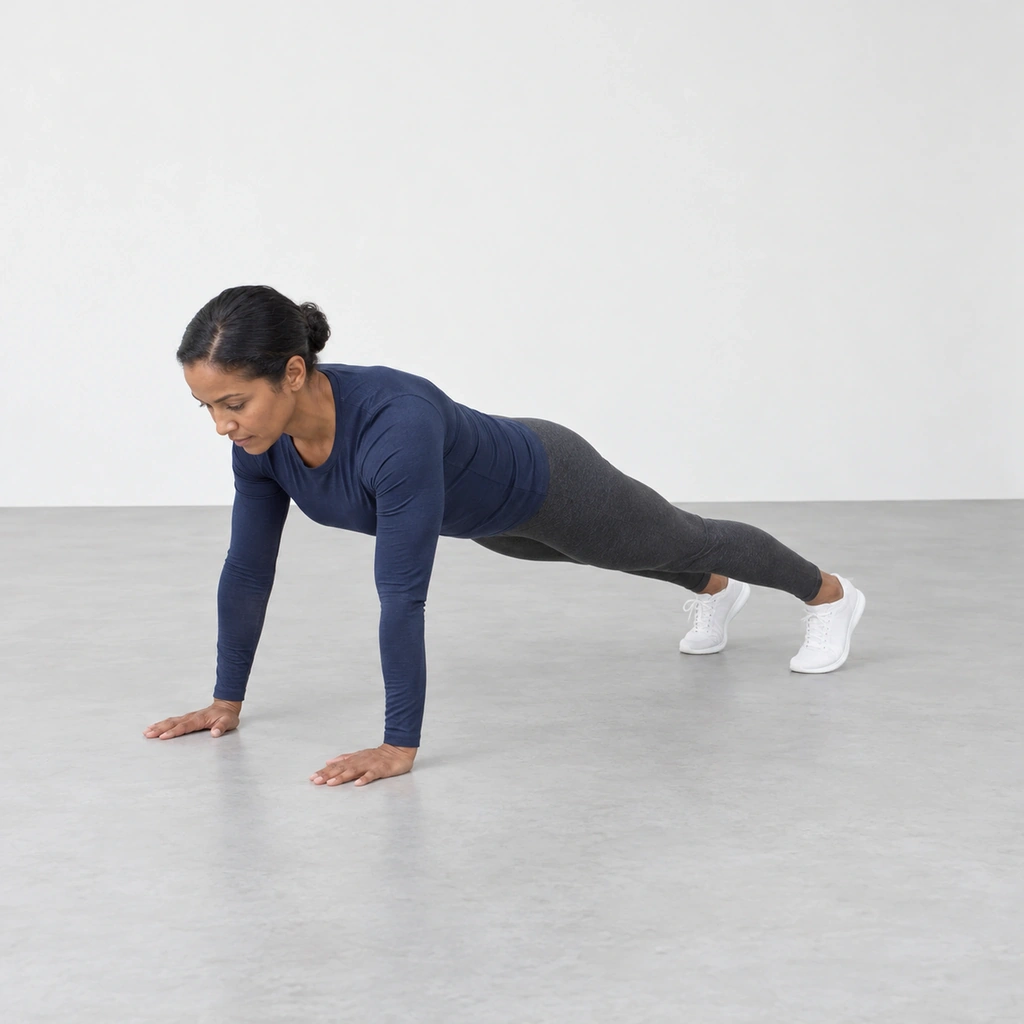 Woman in a plank on straight arms and toes with her body in a straight line.