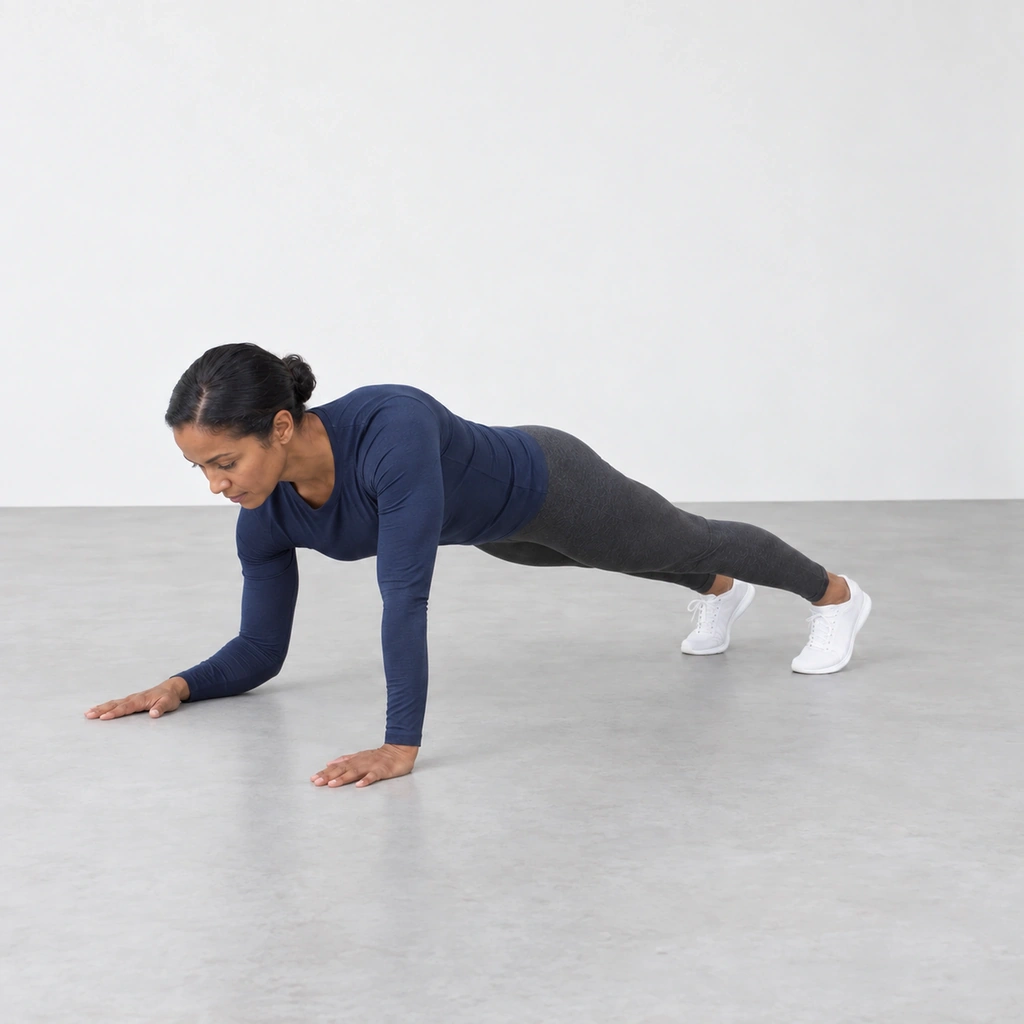 Woman in a plank with her right forearm on the floor and her left arm straight.