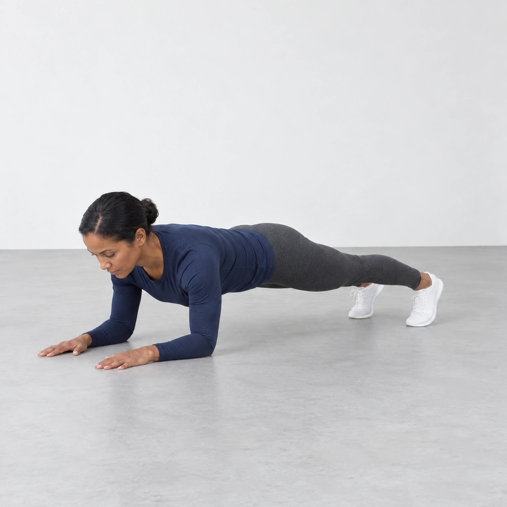 Woman in a forearm plank on her toes with her body in a straight line.
