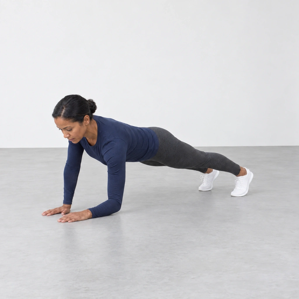 Woman in a plank with her right arm straight and her left forearm on the floor.