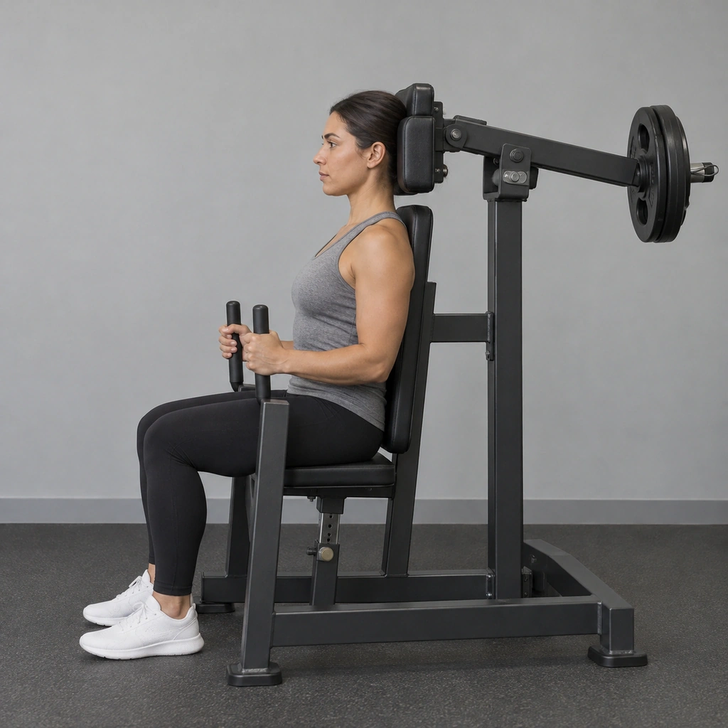 A woman seated in a plate-loaded neck machine, gripping the side handles, the back of her head resting against a padded lever.