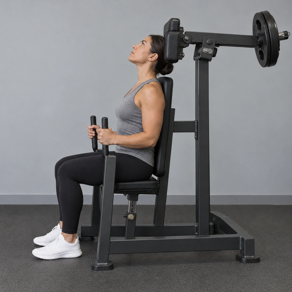 The same woman, now with the head pads pushed upward, her neck extended and her chin lifted, still gripping the handles.