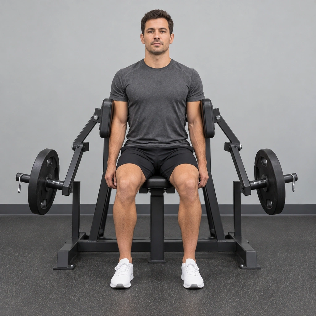 A man seated on the machine, both elbows resting against padded arms close to his torso, weight plates loaded at the base.