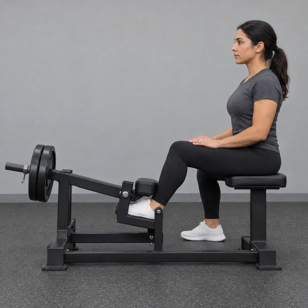 A woman seated at a plate-loaded machine, her right foot inserted into the foot mechanism, top of the foot against a pad, sole flat against wear strips.