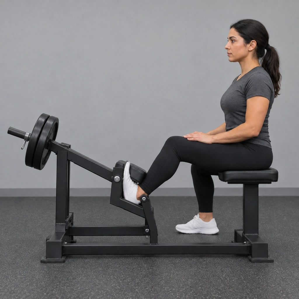 The same woman, her right foot now tilted rearward, the machine's lever raised toward nearly full extension.