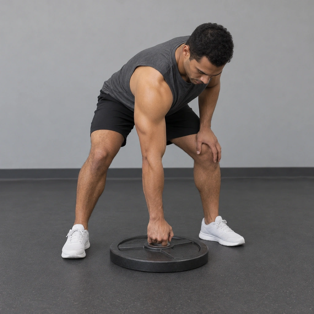 A man standing over a weight plate on the floor, one hand gripping its raised center hub and twisting it clockwise.