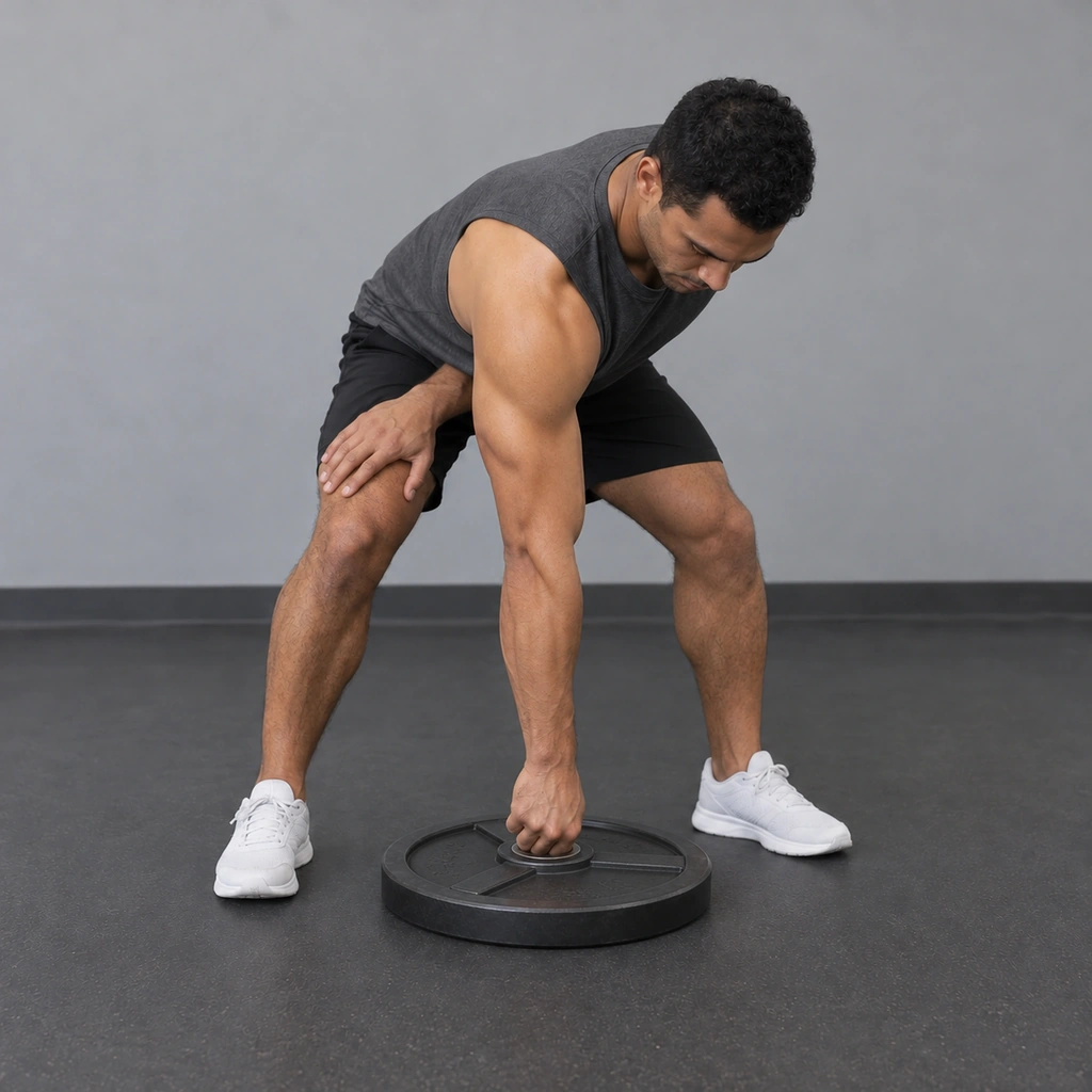 The same man, same grip on the hub, now twisting the plate counterclockwise.