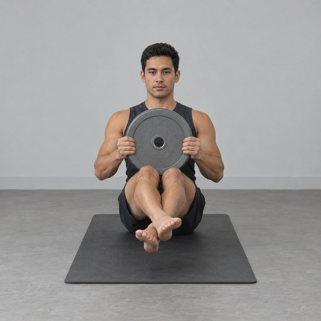 A man seated on a mat, ankles crossed and lifted off the floor, holding a weight plate in front of his abdomen with both hands.