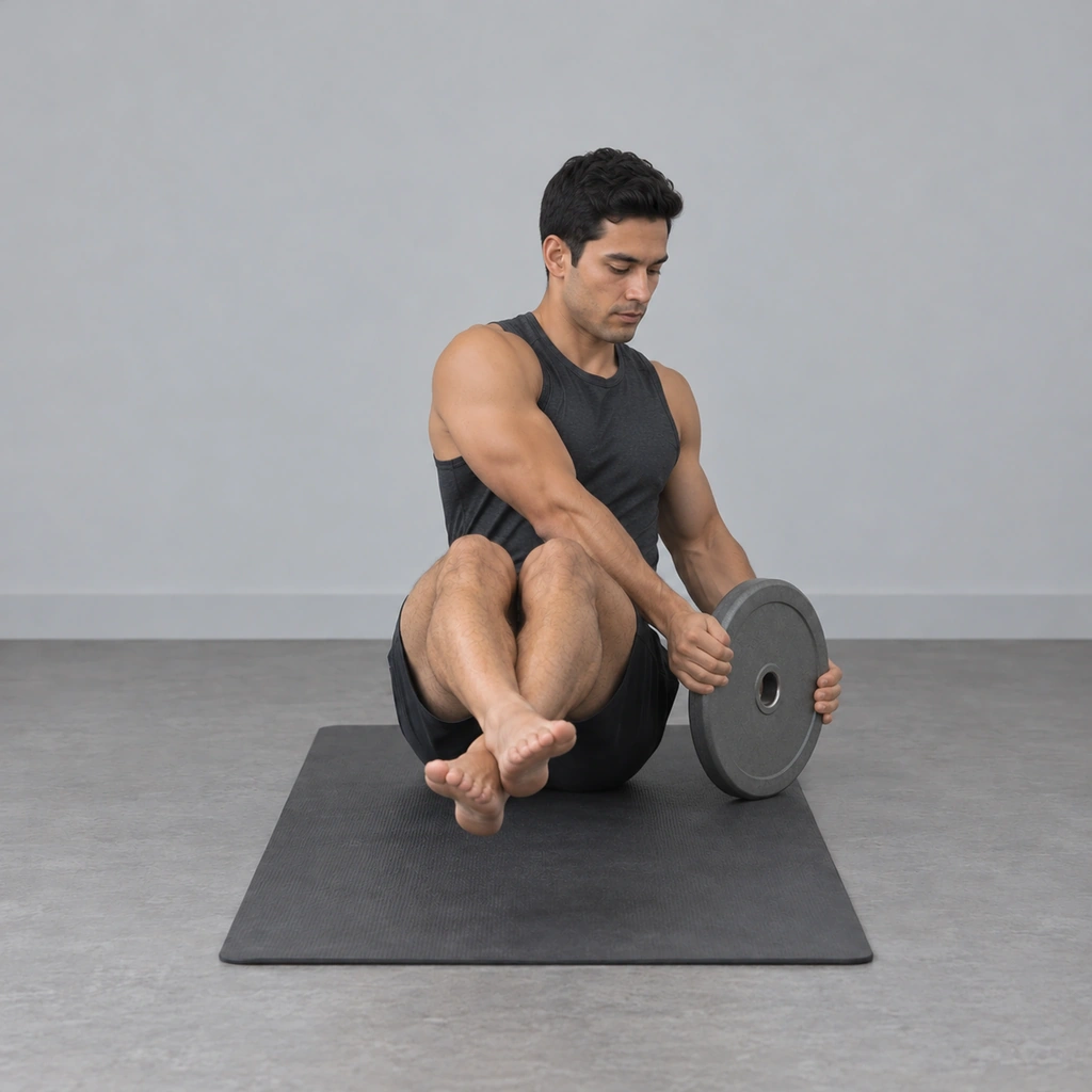 The same man, trunk rotated to his left, the plate now touching the mat beside his left hip.