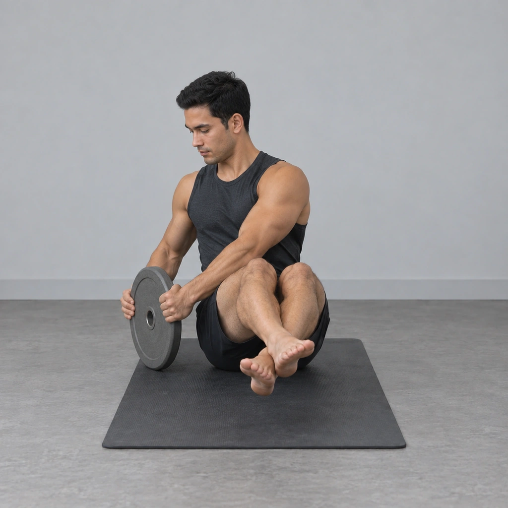 The same man, trunk rotated to his right, the plate now touching the mat beside his right hip.