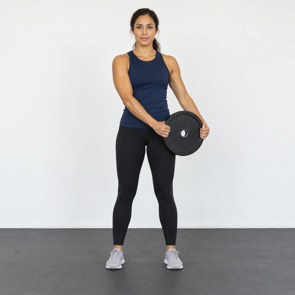 A woman standing tall holding a round weight plate in both hands at waist level beside her left hip.