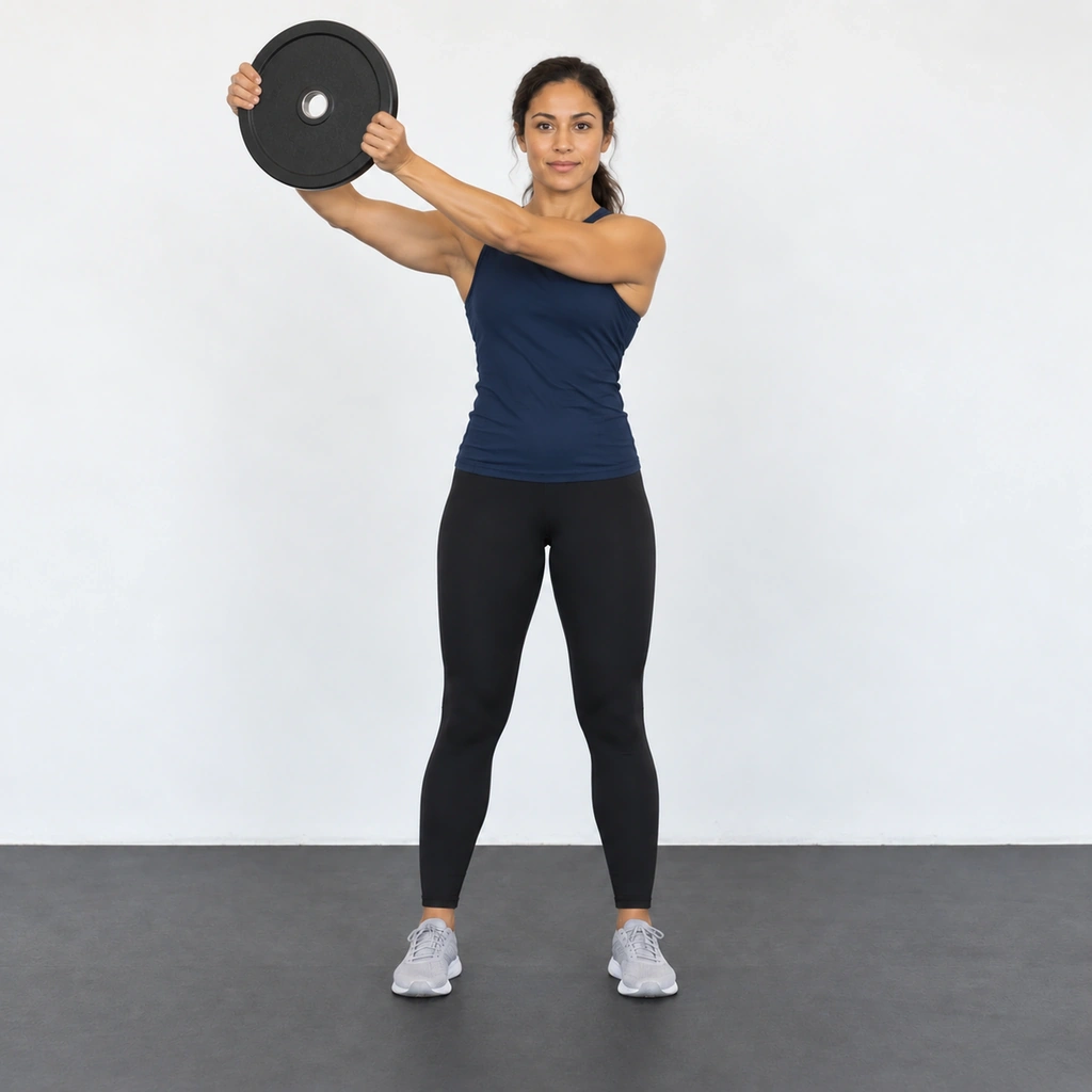 The same woman with the weight plate lifted diagonally up and across her body to above her right shoulder.