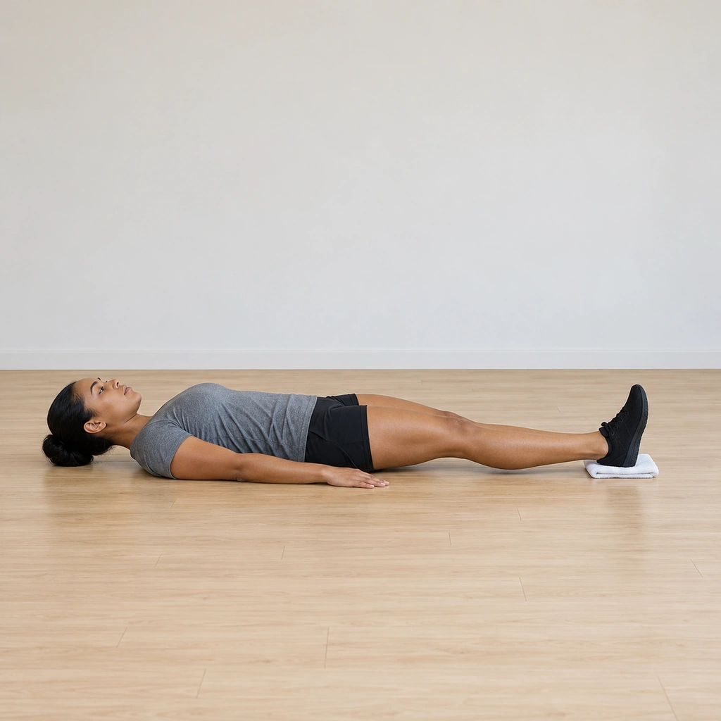 She lies supine on the floor, legs extended, a folded towel under her right heel, arms resting by her sides.