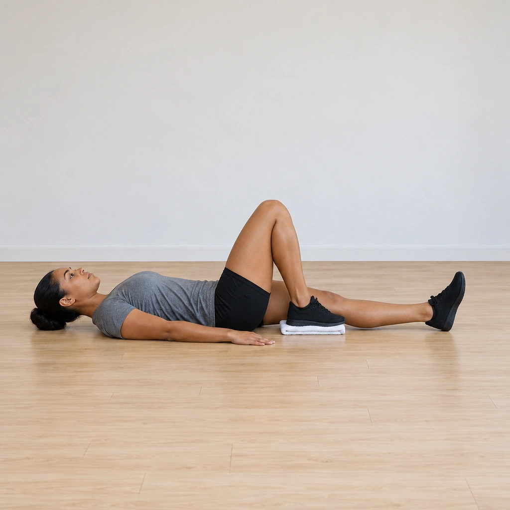 She has drawn her right heel to full knee flexion, heel on the towel near her hips, left leg still extended on the floor.