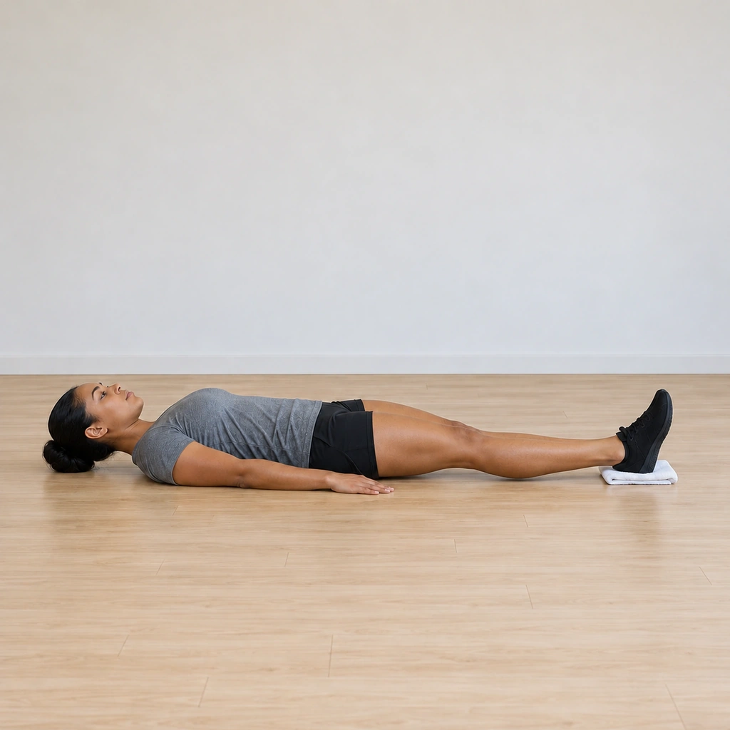 She slides her right heel back out on the towel, the knee extending until her leg is nearly straight again.