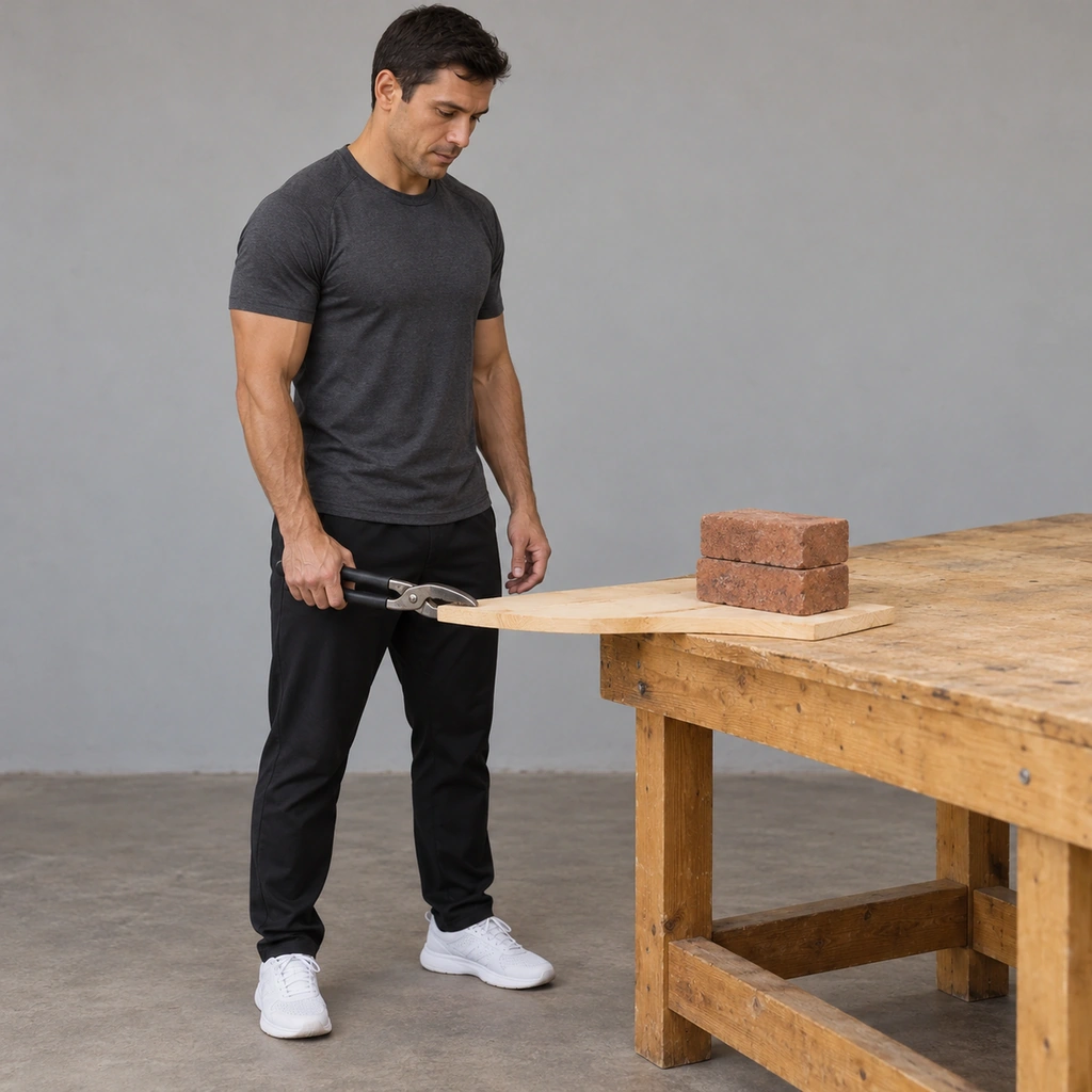A man standing at a workbench, gripping a pair of pliers clamped onto the end of a board that rests flat on the bench, two bricks on top of the board.
