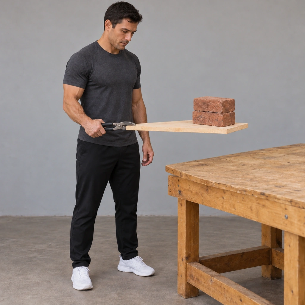 The same man, now holding the board and both bricks lifted clear of the bench, the pliers still clamped on the raised end.