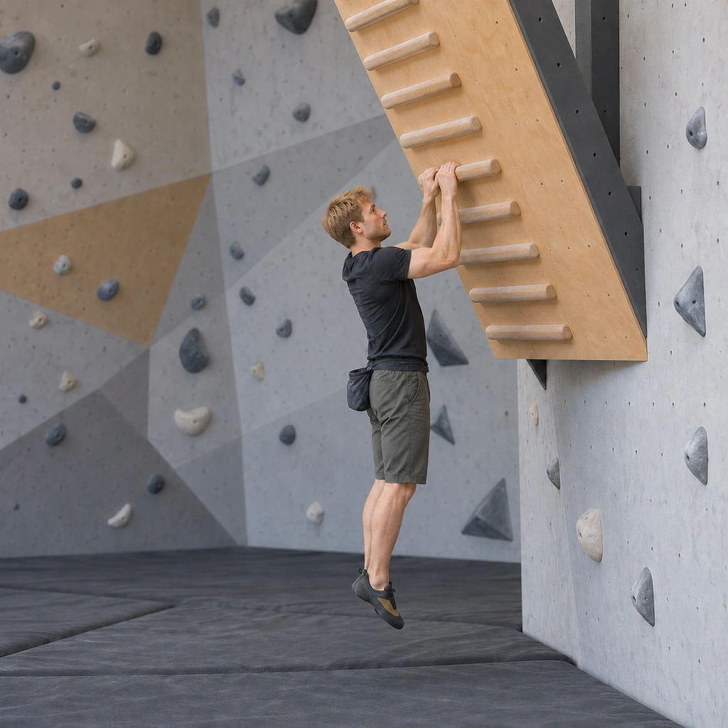 A man catching the lower rung with both hands, elbows bent to absorb the drop.