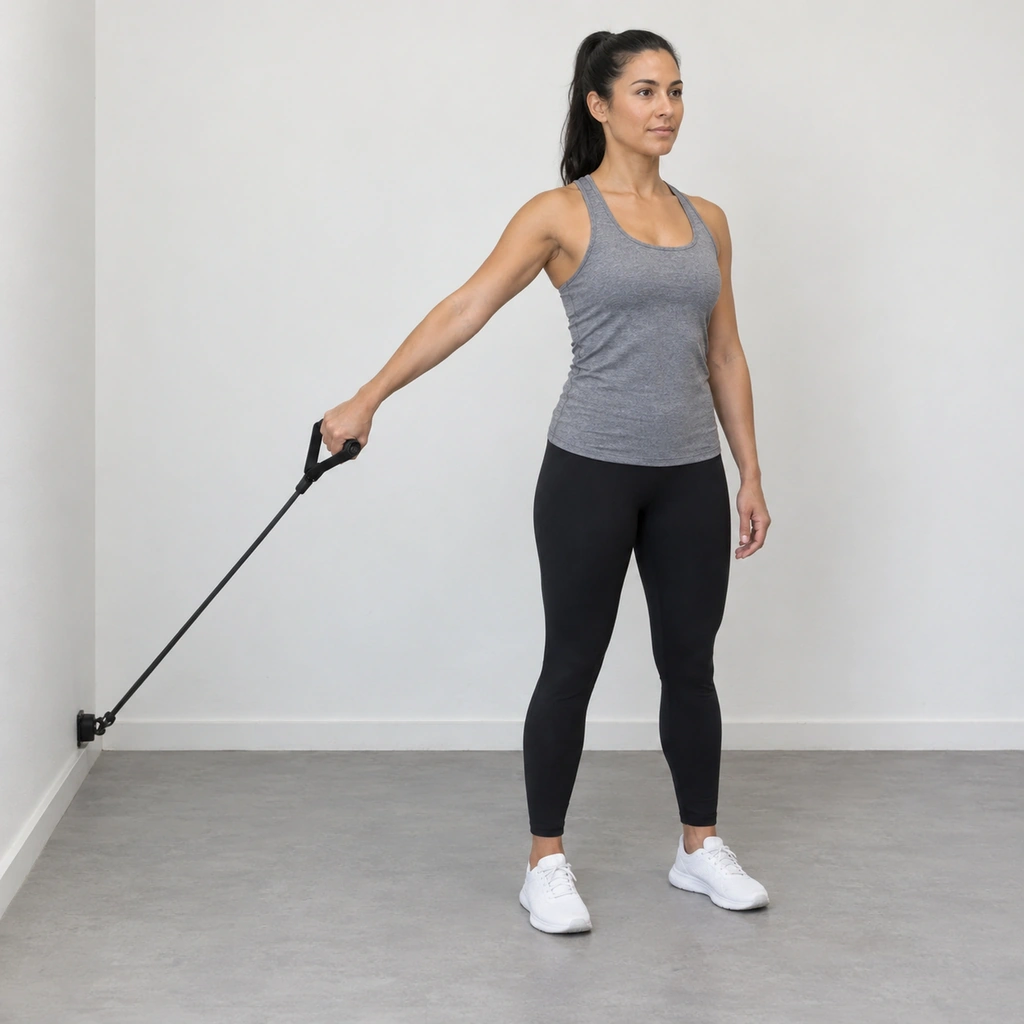 A woman standing upright with her right arm held out to her side at about waist height, gripping a resistance-tube handle, her palm facing backward.