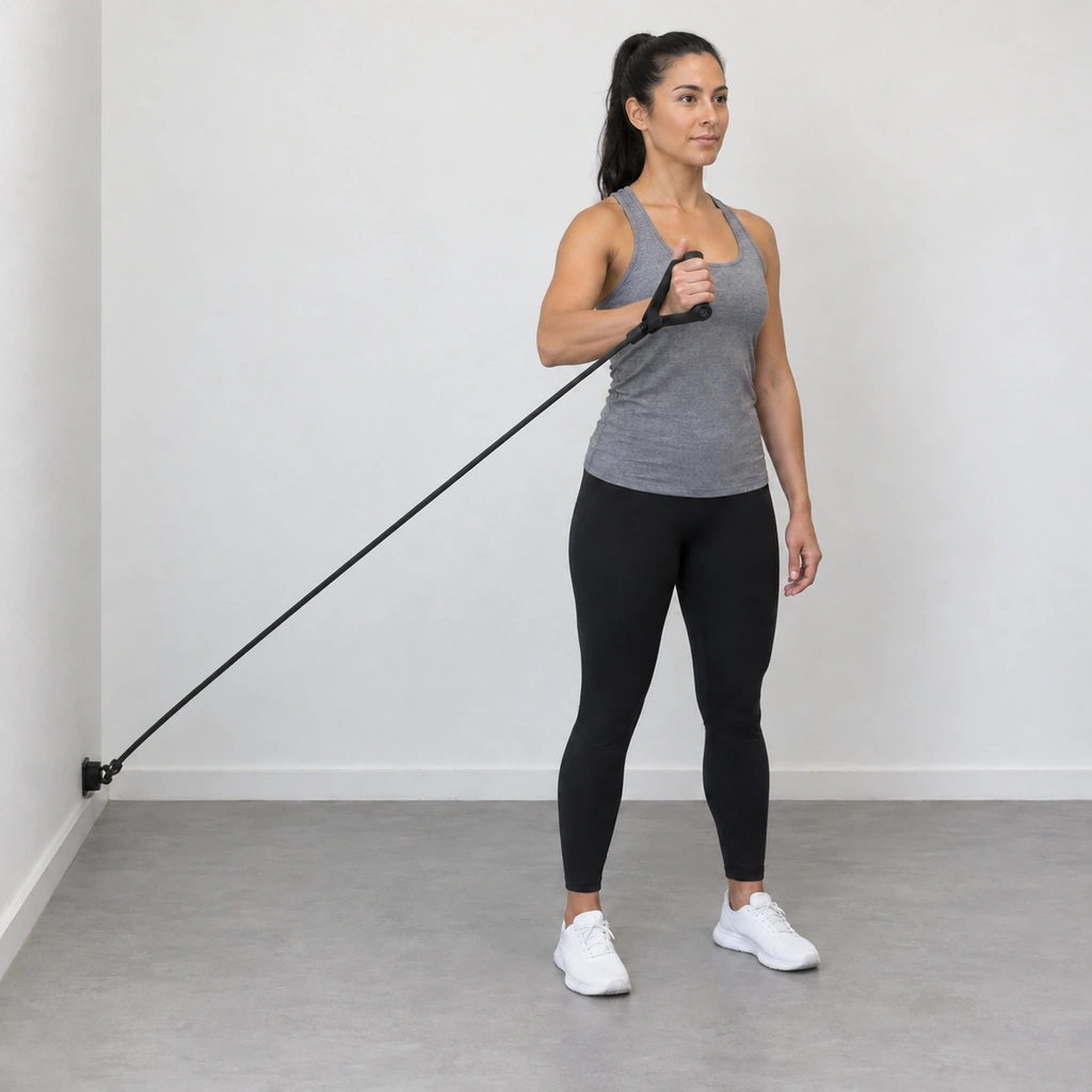 The same woman with her right palm now turned forward, her elbow partly bent, her hand risen to about chest height on a diagonal path across her body.