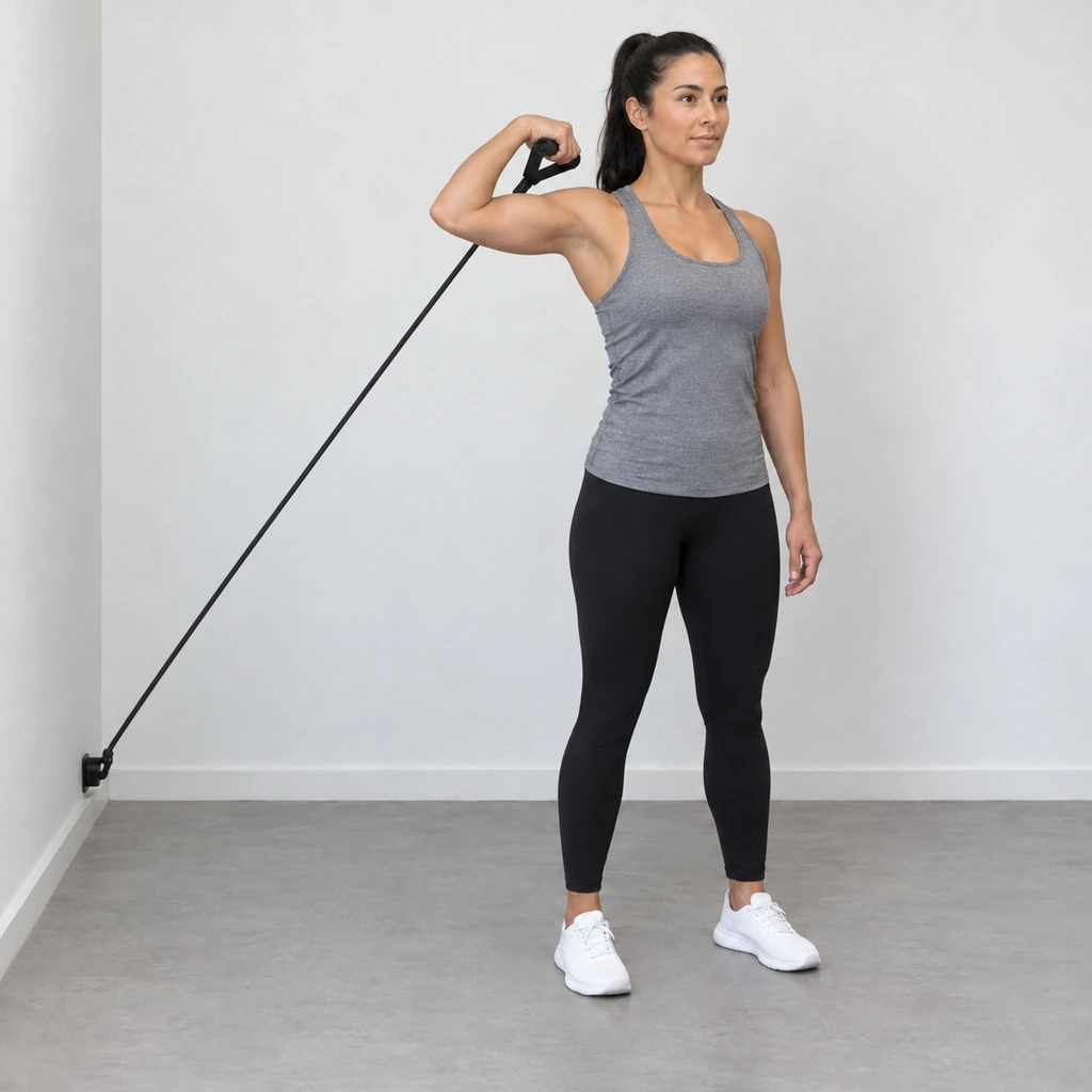 The same woman with her right elbow fully bent and her right hand, still gripping the handle, up and over her right shoulder with her palm turned down.