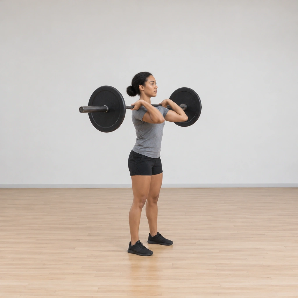 She stands tall with the loaded barbell racked across the front of her shoulders: elbows raised in front of the bar, hands gripping it, feet directly under her hips, trunk vertical.