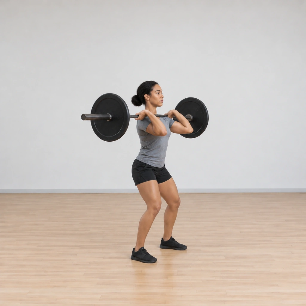She dips straight down: knees flexing forward a few inches over the feet, hips staying directly under her without moving backward, the bar still racked on her shoulders, trunk vertical.