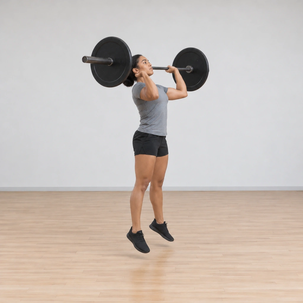 She drives up through her heels, legs extending powerfully: the bar leaves her shoulders accelerating upward, her head moved back out of the bar's path, her feet about to leave the floor as the drive peaks.