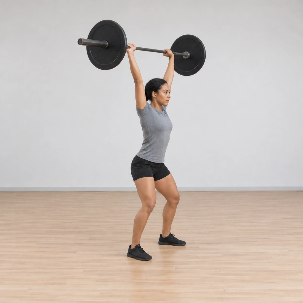 She receives the bar locked out overhead: feet stepped out to a slightly wider parallel stance, knees partially bent under her, arms fully extended with the bar balanced overhead, eyes forward.